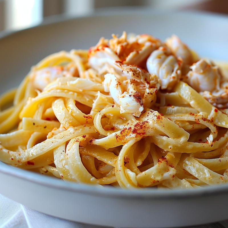 Close-up of creamy Cajun crab pasta on a light grey plate.