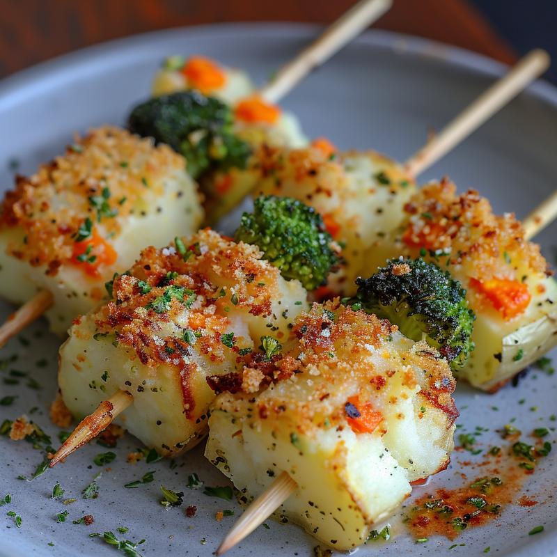Close up of air fried vegetable lollipops on a grey plate.