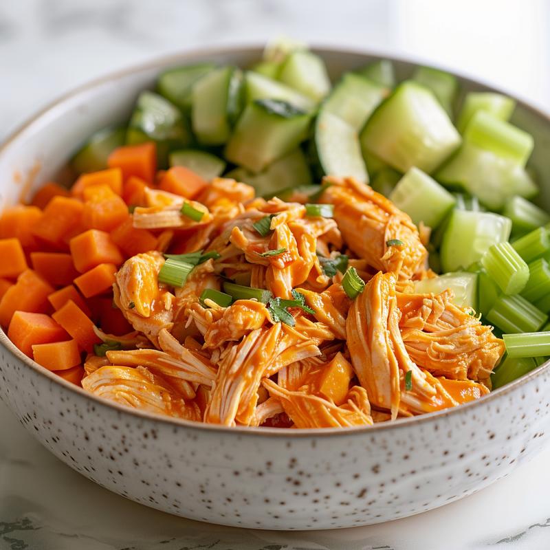 Close-up of buffalo chicken bowl with shredded chicken, celery, and carrots.