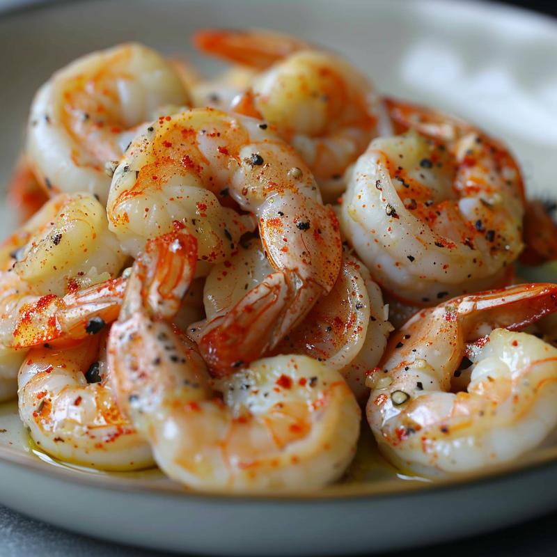Close-up of creamy garlic shrimp on a light gray plate.