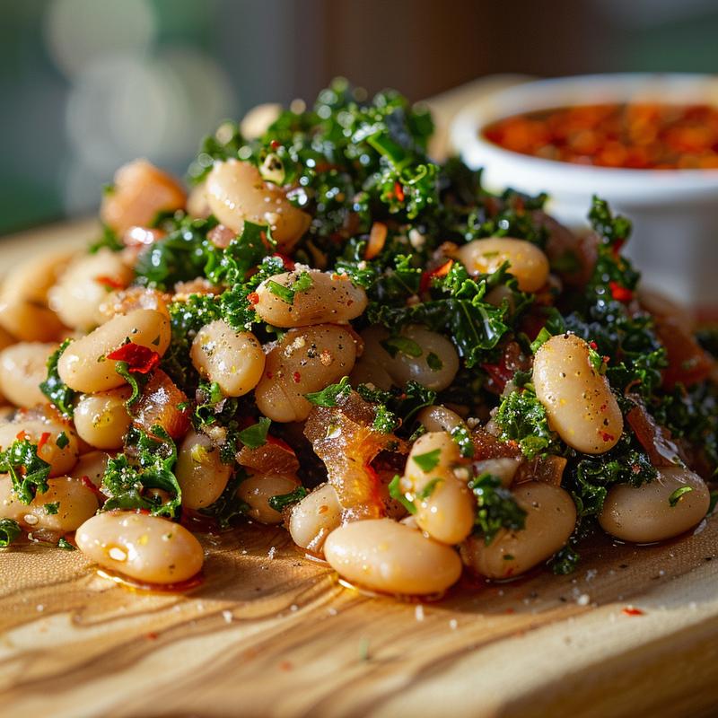 Close-up of kale and white bean salad on wood.