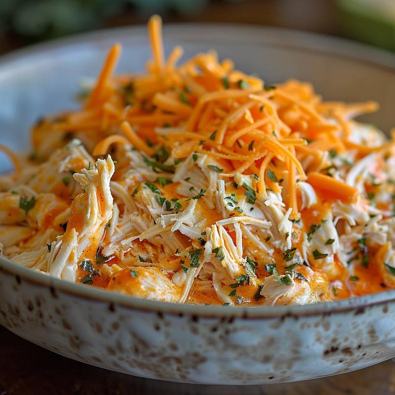 Close-up of creamy, cheesy buffalo chicken dip on a plate.