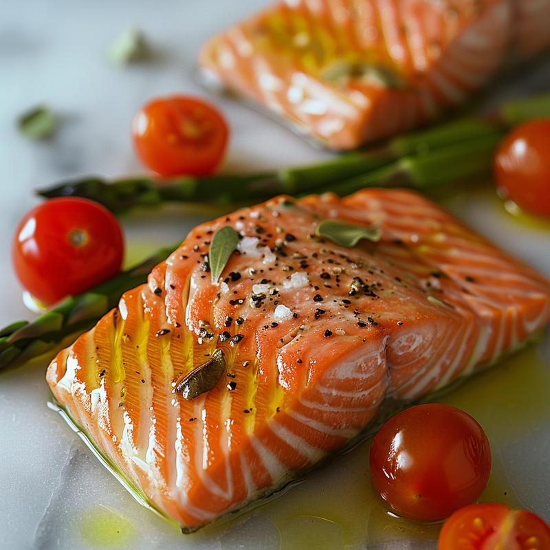 Close-up of salmon fillets with asparagus and tomatoes on marble.