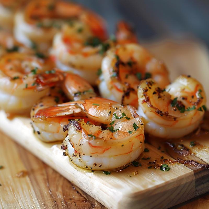 Close-up of shrimp scampi on a light wood board.