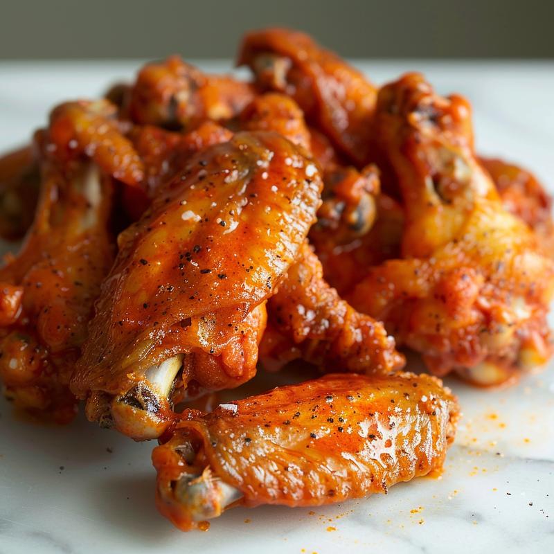 Close-up of crispy baked buffalo wings on white marble.