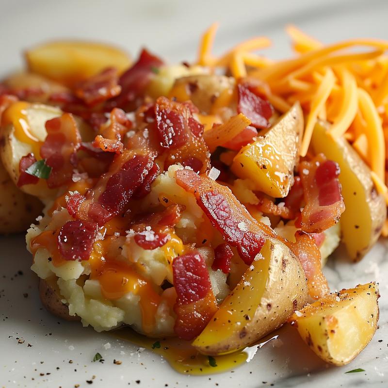 Close-up of loaded smashed potatoes with bacon and cheese.