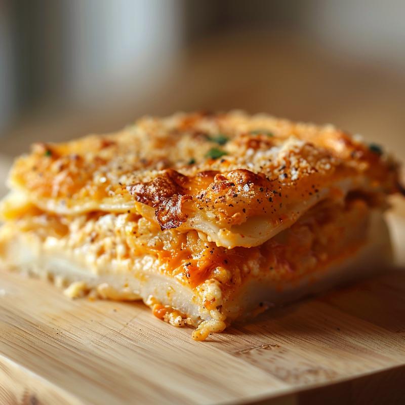 Close-up of a creamy chicken and broccoli pasta bake on a light wood board.