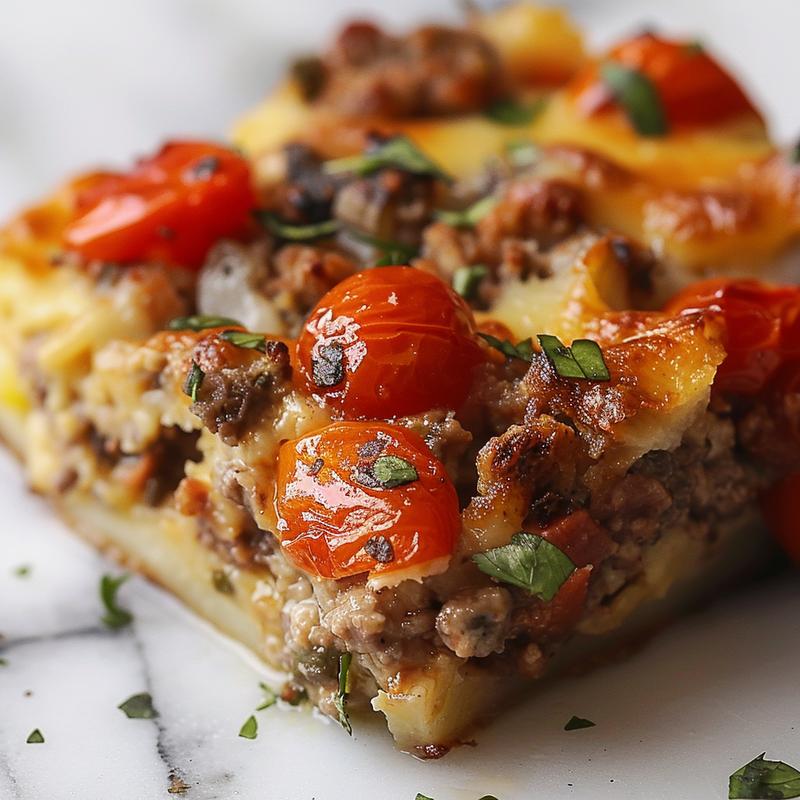 Close-up of golden-brown casseroles on a white marble surface, showcasing rich textures and flavors.