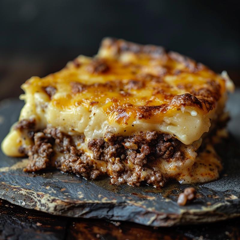 Close-up of a golden-brown ground beef and potatoes casserole on a rustic slate plate.