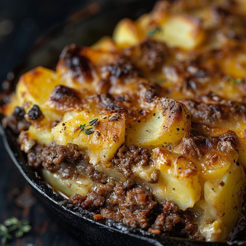 Close-up of a portion of ground beef dish with rich texture on a cast iron surface.