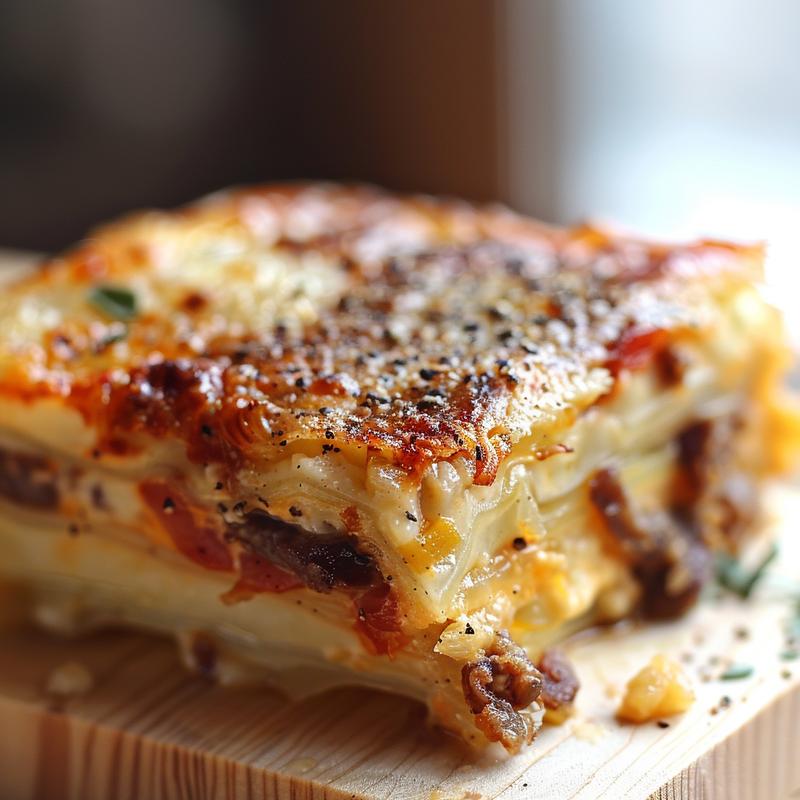 A close-up of a delicious gluten-free casserole served on a light grey ceramic plate.