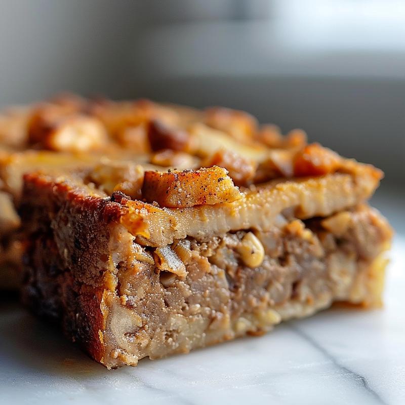 Close-up of a delicious portion of eggplant casserole on a marble surface.