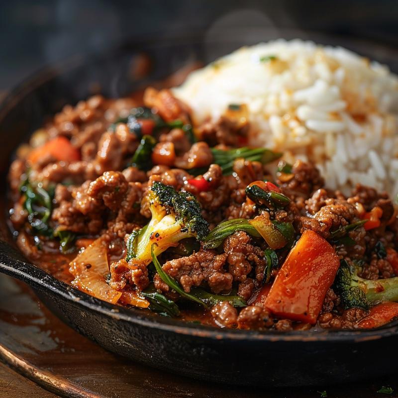 Close-up view of a spicy ground beef stir fry bowl with colorful garlic veggies over steamy rice.