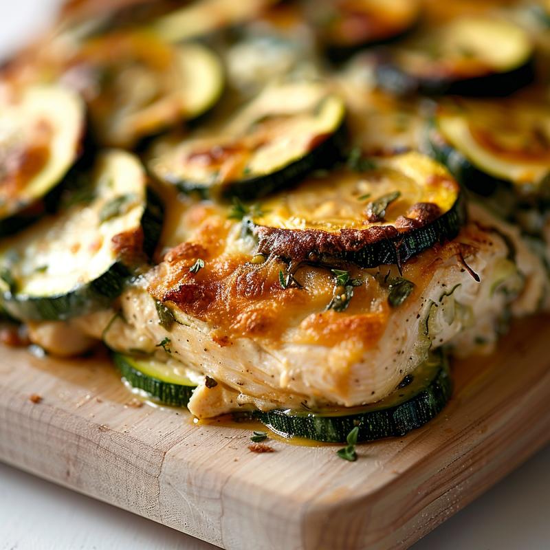 Close-up of a portion of ricotta eggplant casserole on a wooden board, showcasing creamy cheese and eggplant layers.
