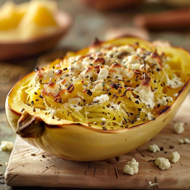 Close-up of a serving of spaghetti squash pasta on a marble surface.