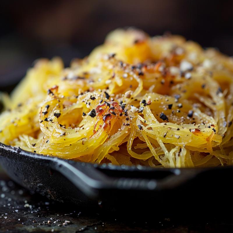 Close-up of a whole roast spaghetti squash on a cast iron surface, showcasing its texture and golden color under dramatic lighting.