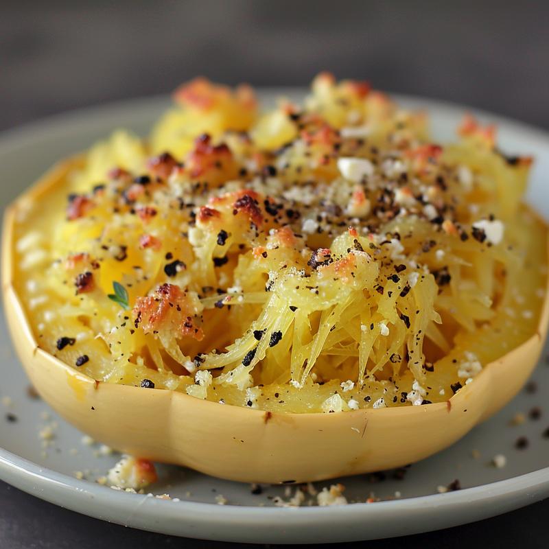 Close-up view of a vibrant spaghetti squash lasagna casserole on a white marble surface.