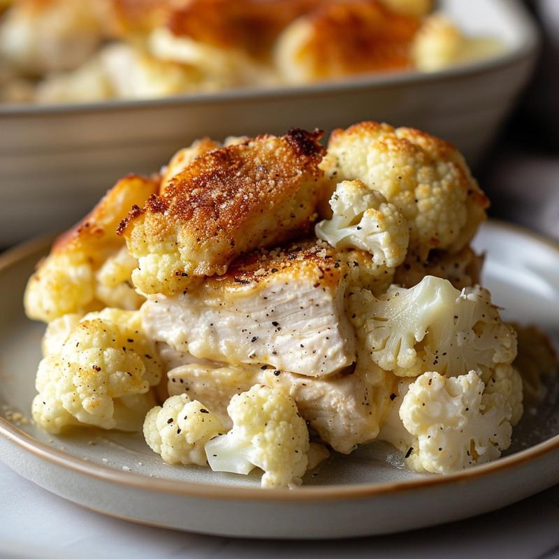 Close-up of a healthy chicken cauliflower casserole on a light grey ceramic plate.