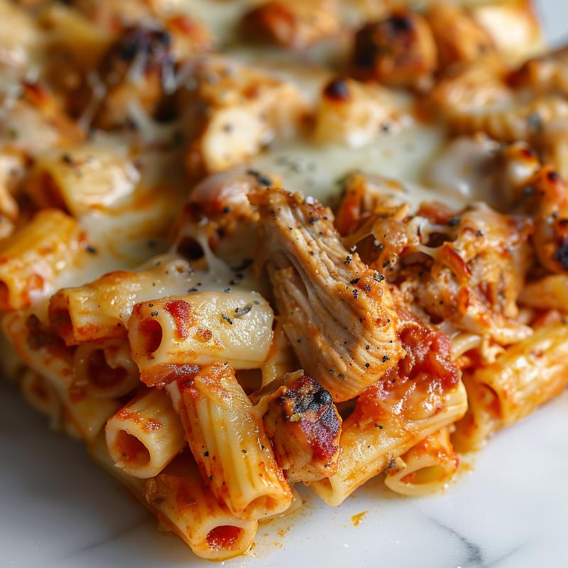 Close-up of a delicious portion of chicken baked ziti on a white marble surface.