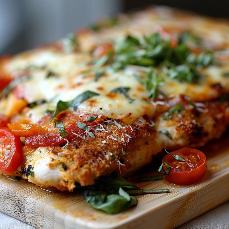 Close-up of healthy chicken parmesan with vegetables on a wooden board.