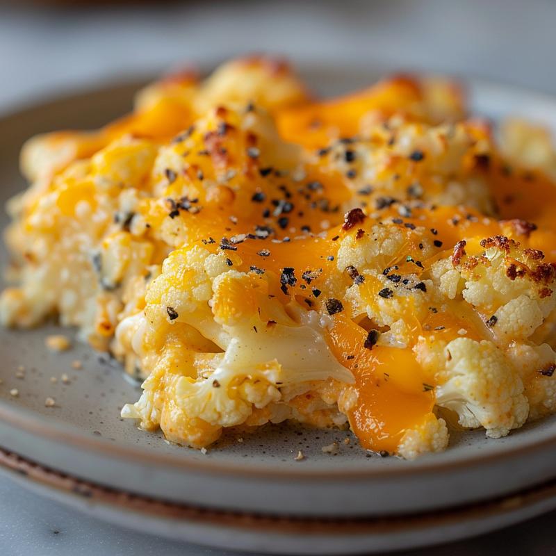 A close-up view of a cheesy cauliflower keto casserole on a grey ceramic plate, showcasing melted cheese and rich textures.
