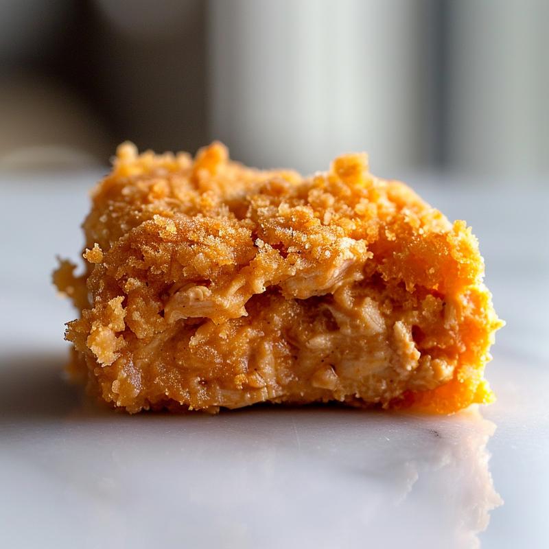 Close-up of a creamy crack chicken casserole portion on a white marble surface.