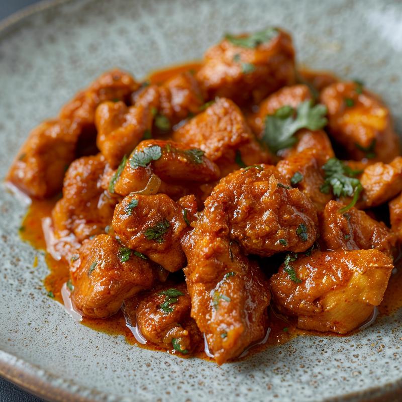 Close-up of a creamy butter chicken dish on a light grey plate, showcasing the texture and color of the sauce.