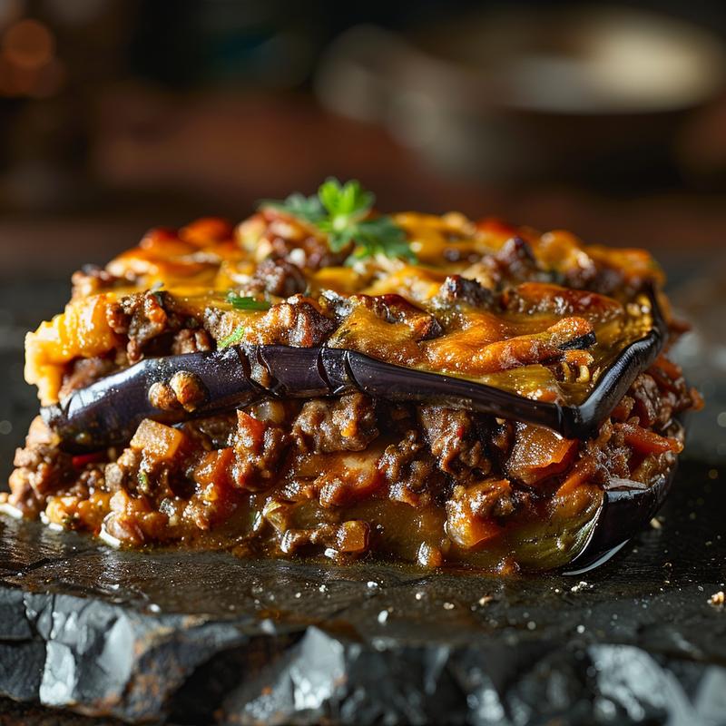 Close-up of a baked eggplant and beef casserole on a dark stone countertop.