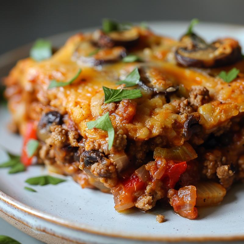 Close-up of a colorful vegan and paleo casserole on a light grey plate.