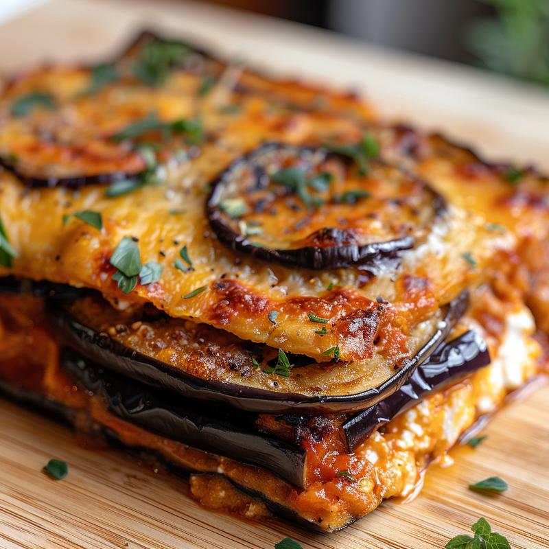 A close-up shot of a vegetarian ricotta and eggplant casserole on a wooden board.