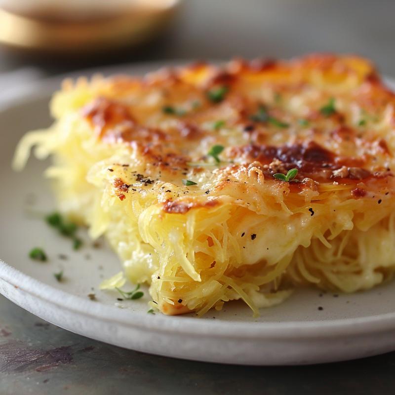 A close-up view of baked spaghetti squash au gratin on a light grey ceramic plate, showcasing its cheesy, golden-brown top.