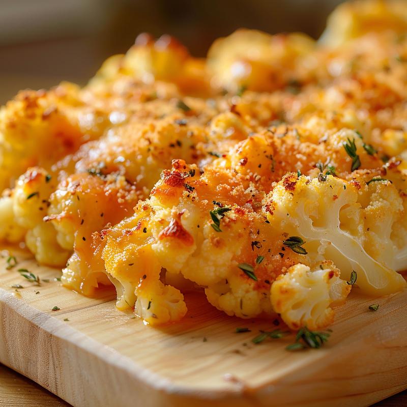 Close-up of a cheesy cauliflower casserole on a wooden board, showcasing melted cheese and golden-brown edges.