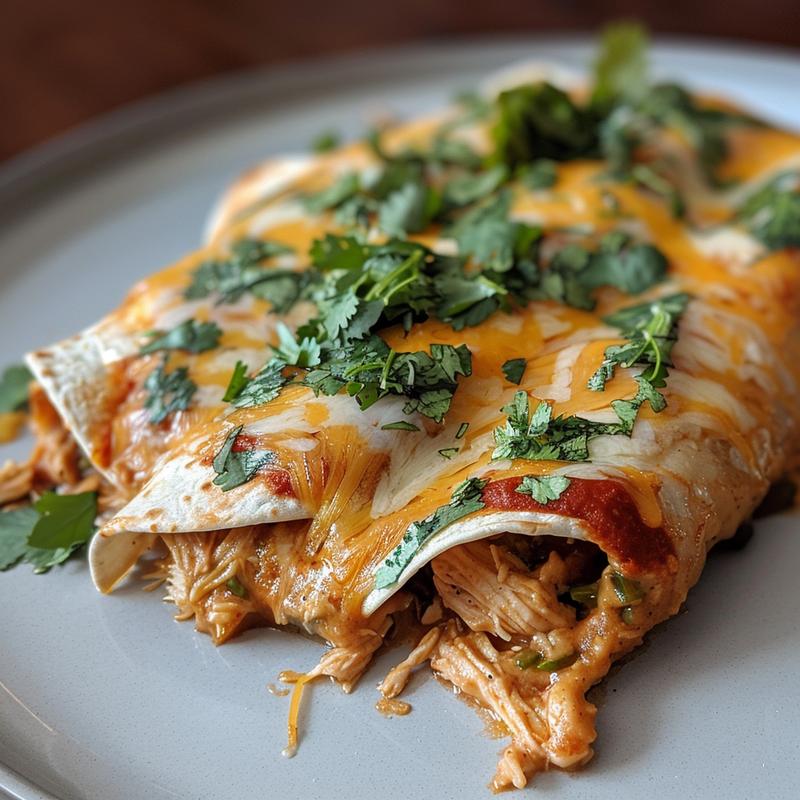 A close-up of chicken enchiladas on a light grey ceramic plate, showcasing their texture and vibrant colors.