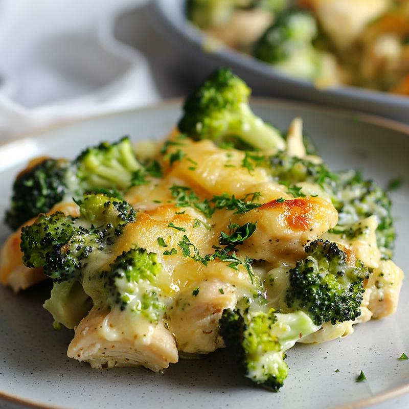 Close-up of a creamy chicken and broccoli casserole on a light grey ceramic plate, showcasing rich textures.