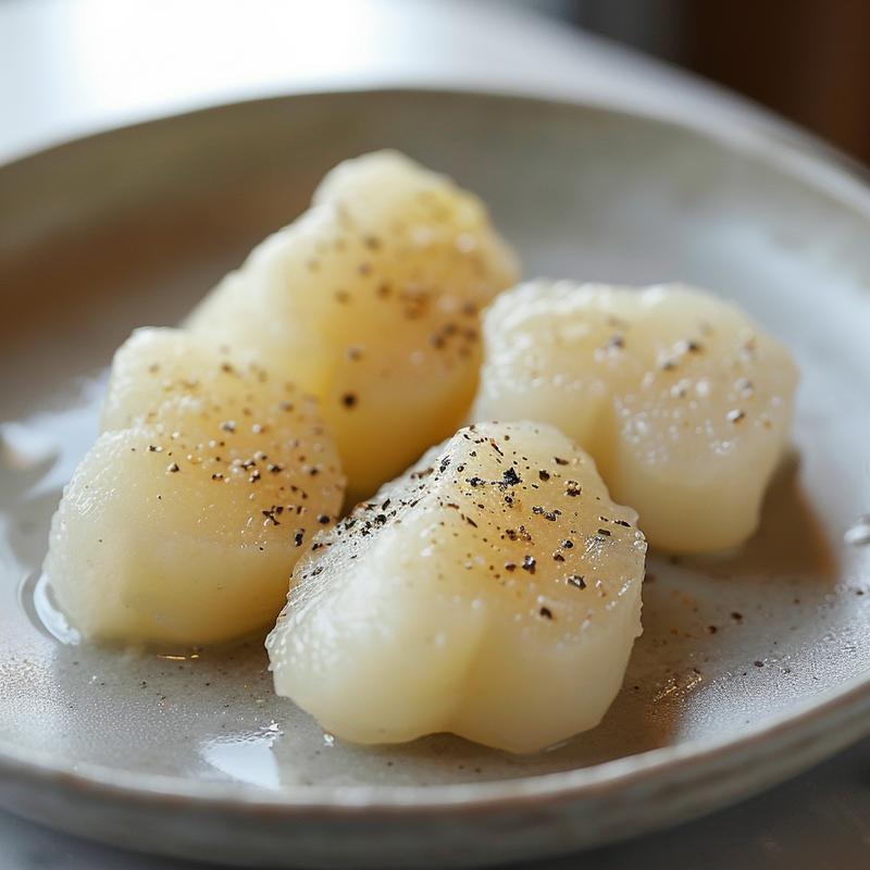 A close-up view of a beautifully presented portion of baby led weaning foods on a light grey ceramic plate.
