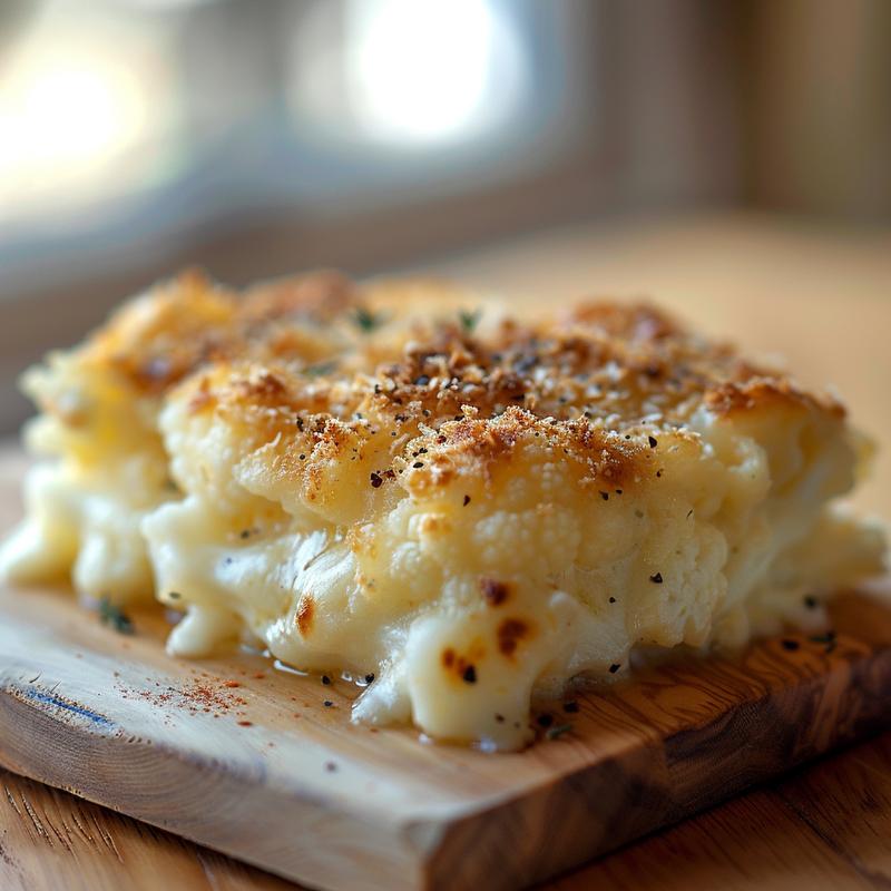 A close-up of a creamy cauliflower gratin on a light wood board.