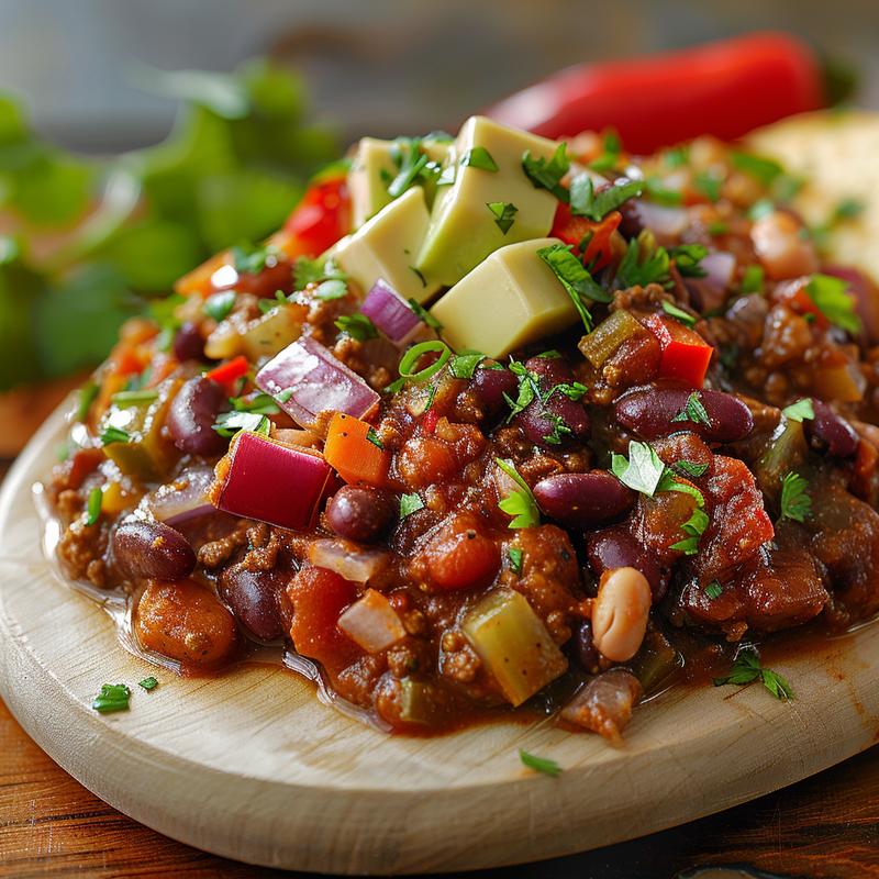 A close-up of a bowl of vegetarian chili, showcasing rich colors and textures, on a light wood board.