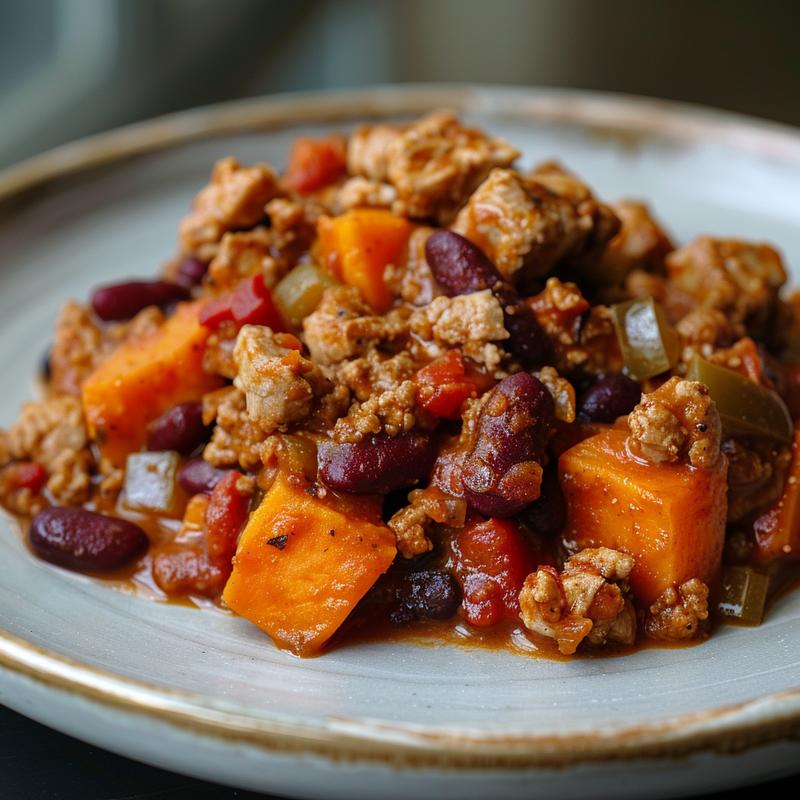 Close-up of a vibrant bowl of turkey chili with sweet potatoes on a grey ceramic plate.