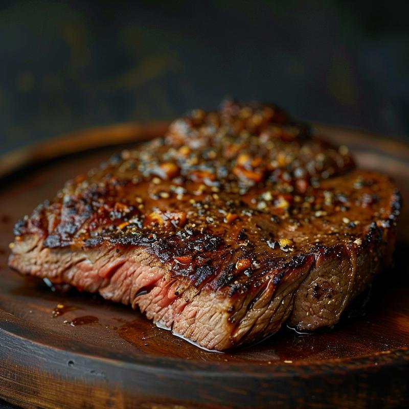 A close-up view of a beautifully plated keto beef dish on a rustic wooden table, showcasing rich textures and colors.