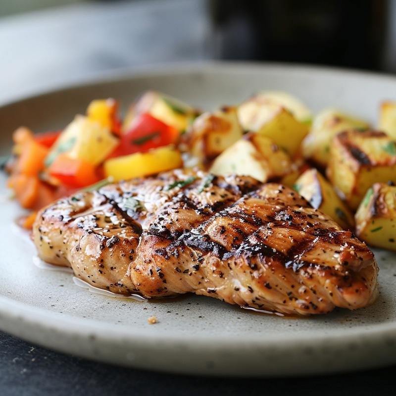 Close-up of a beautifully plated high-protein meal on a light grey ceramic plate.
