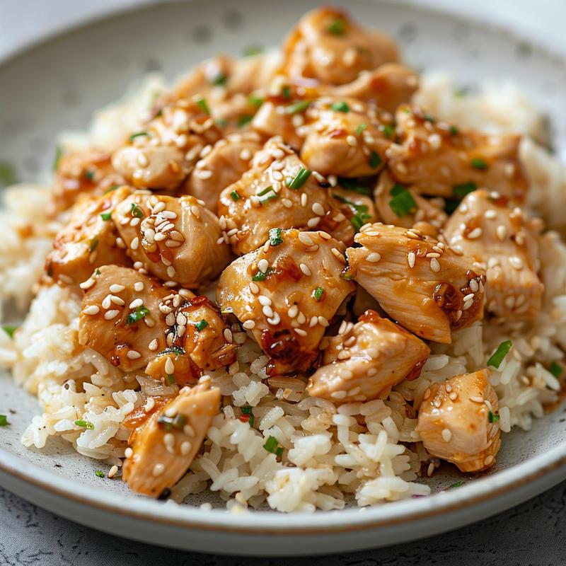 Close-up of chicken rice bowls presented on a grey plate, showcasing vibrant ingredients and textures.