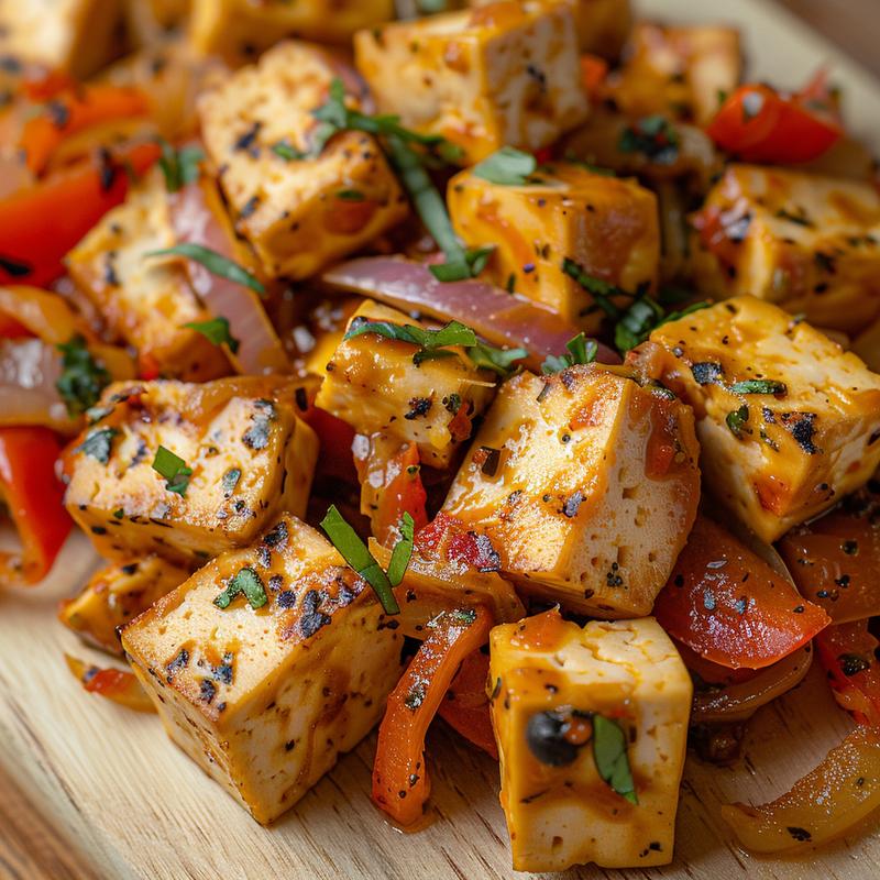 A close-up view of creamy Tuscan tofu on a light wood board, showcasing its texture.