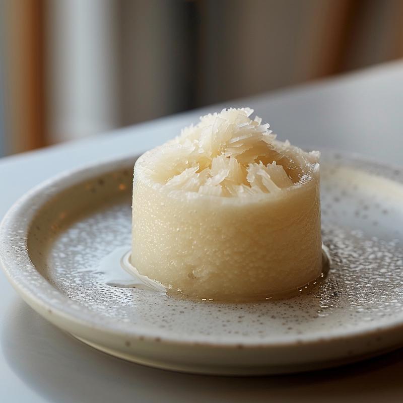 Extreme close-up of a creamy pina colada breakfast smoothie on a light grey ceramic plate, showcasing its texture.