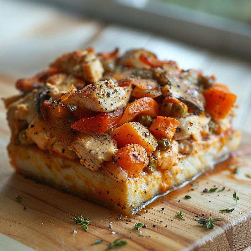 Close-up of a portion of chicken and veggie casserole on a wooden board.