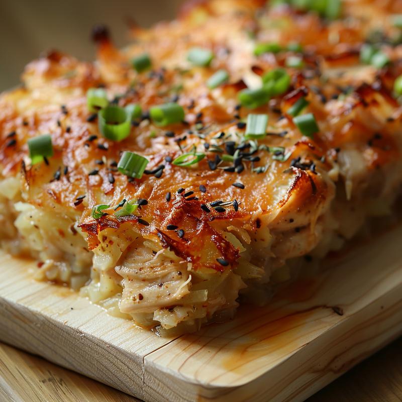 Close-up of a creamy chicken and hash brown casserole on a wooden board.