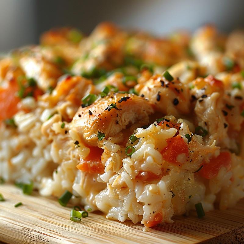 Close-up of a portion of chicken and rice casserole on a light wood board.