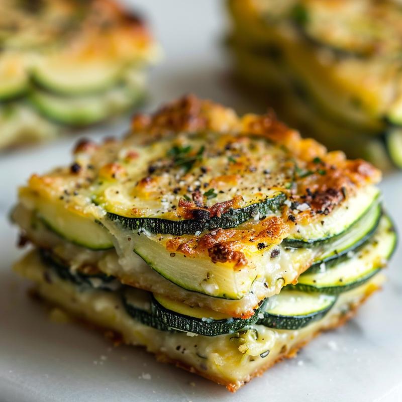 A hyper-detailed close-up of a portion of savory zucchini casserole on a white marble surface.