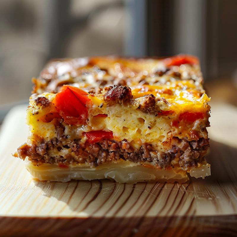 Close-up of a portion of overnight breakfast casserole on a wooden board.