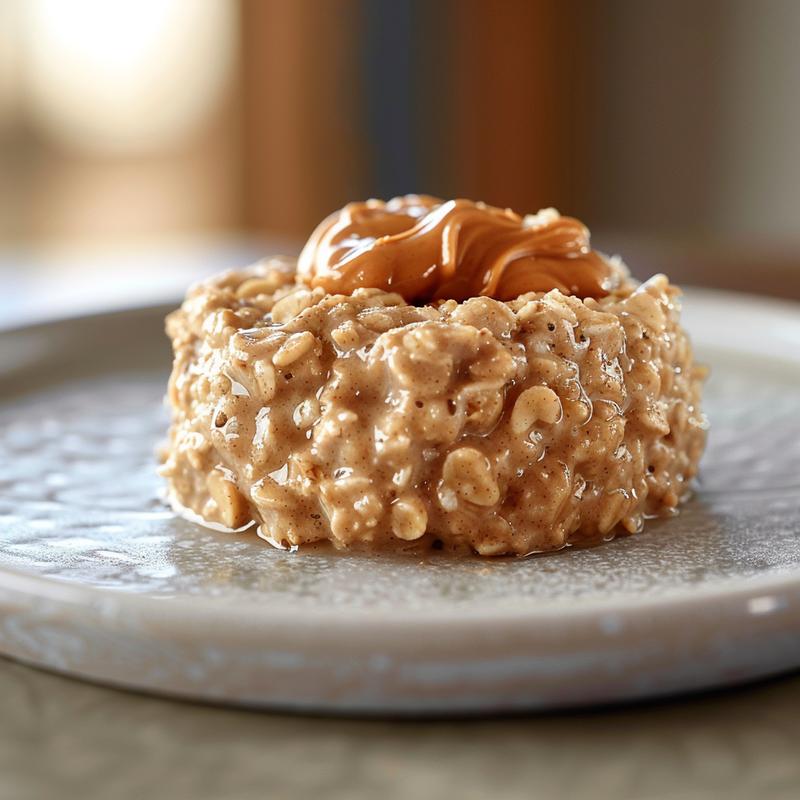 A close-up view of creamy peanut butter overnight oats in a simple grey ceramic bowl, showcasing its texture.