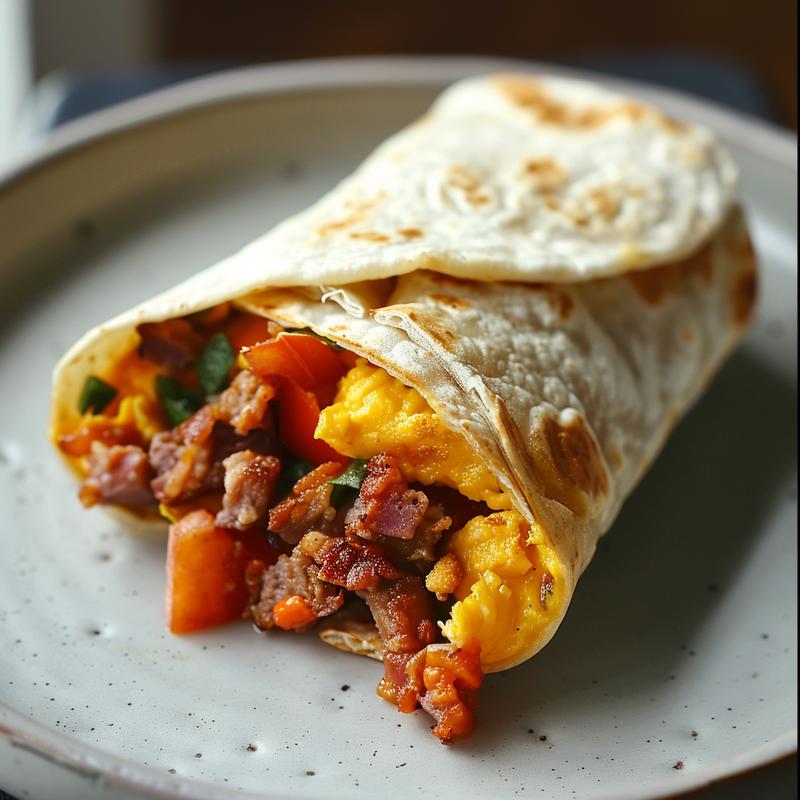 Close-up of breakfast meal prep wraps on a light grey ceramic plate.